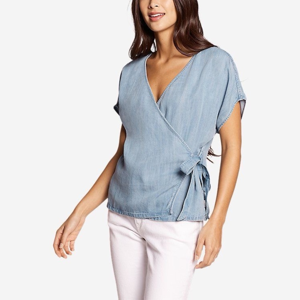 Eddie Bauer Chambray Tencel Wrap Blouse